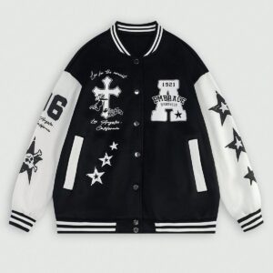 Jaket Varsity Pria Off White Moon Phase Black Grey - Jaket Baseball Premium