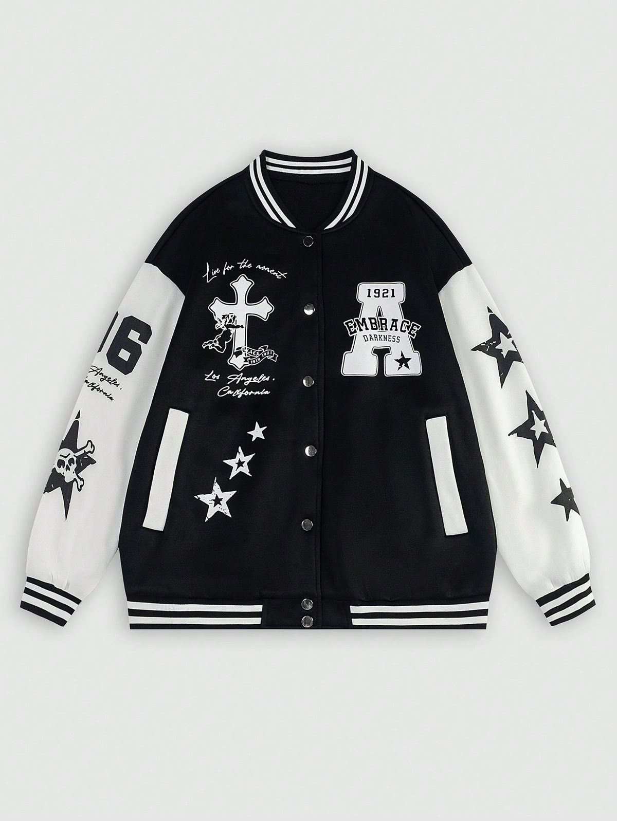 Jaket Varsity Pria Off White Moon Phase Black Grey - Jaket Baseball Premium